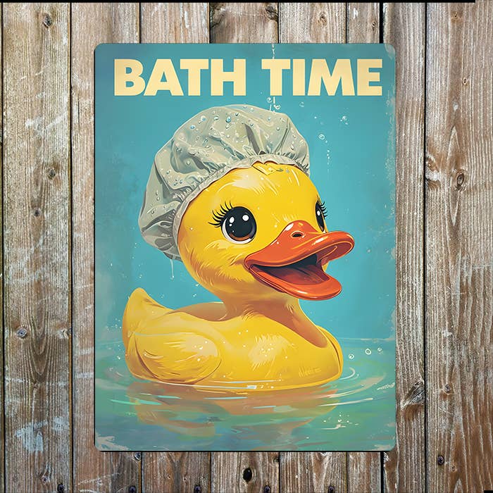 Plaque murale vintage en aluminium imprimé avec canard en caoutchouc jaune pour la salle de bain