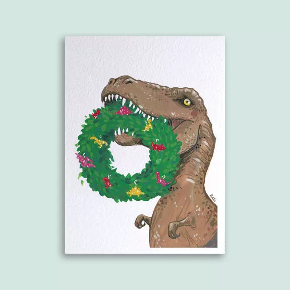Carte postale Loeff Création, T-Rex portant une couronne de Noël