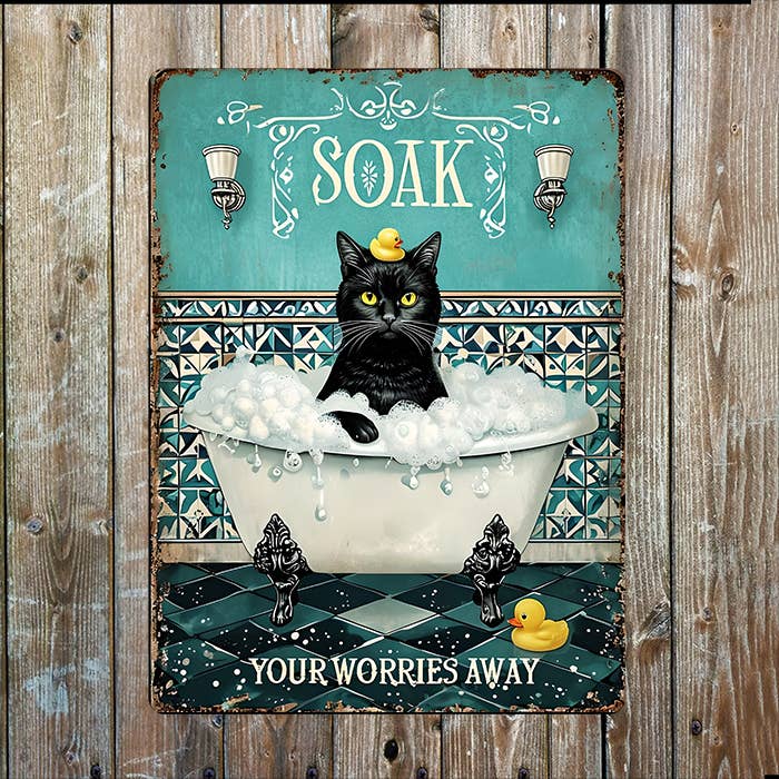 Plaque murale vintage en aluminium imprimé pour salle de bain illustrée d'un chat, style rétro
