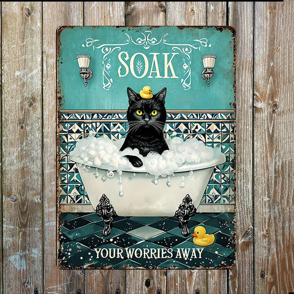 Plaque murale vintage en aluminium imprimé pour salle de bain illustrée d'un chat, style rétro