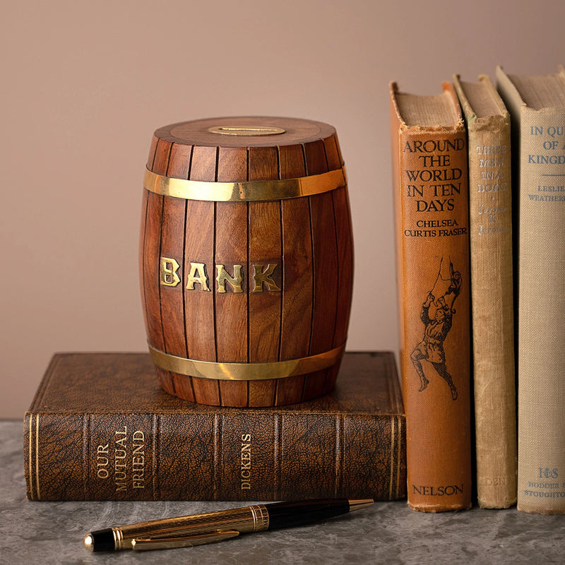 Tirelire tonneau vintage en bois massif avec inscription Banque en lettres dorées