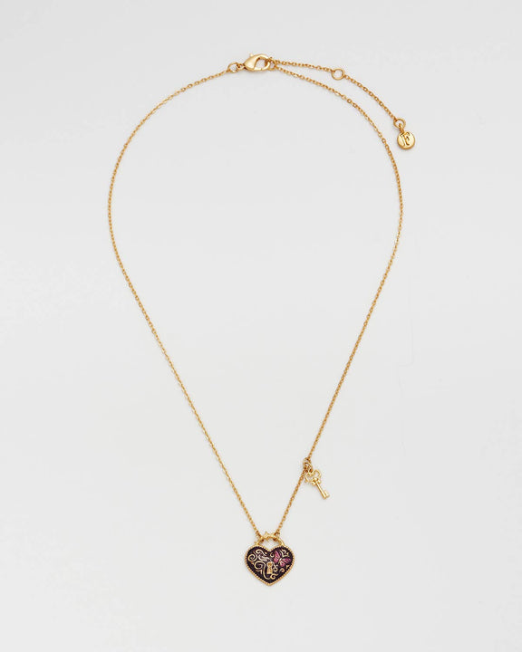 Collier Fable England Eve, pendentif cœur cadenas bordeaux et clé, plaqué or 22 carats
