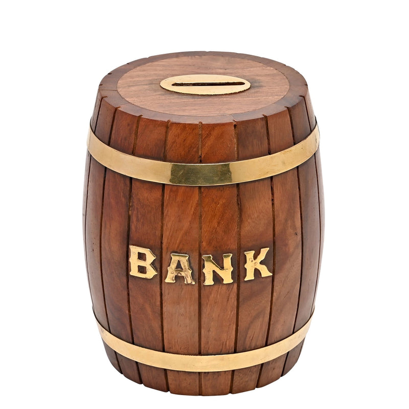 Tirelire tonneau vintage en bois massif avec inscription Banque en lettres dorées