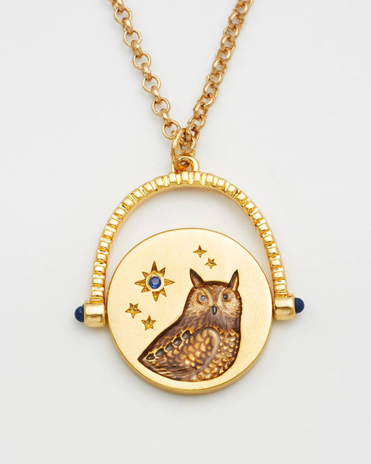 Collier Fable England pendentif hibou rotatif peint à la main, étoiles et lapis-lazuli, plaqué or
