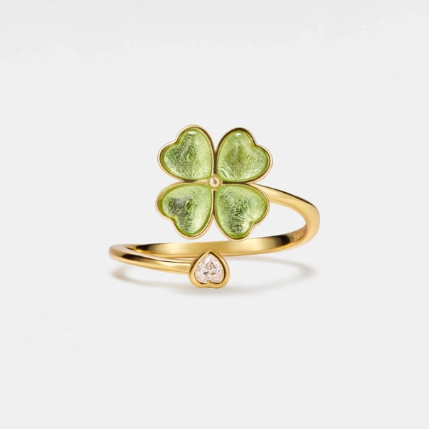 Bague trèfle anti-stress ajustable en argent 925 plaqué or avec trèfle vert à quatre feuilles