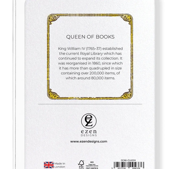 Carte postale Queen of Books illustrant une couronne royale posée sur un trône de livres anciens