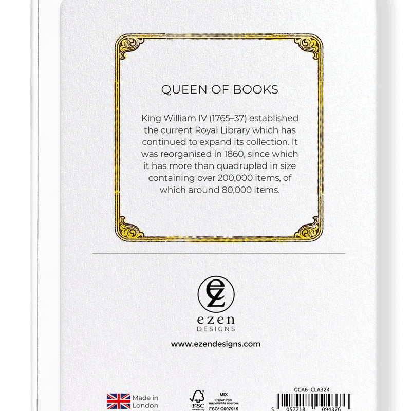 Carte postale Queen of Books illustrant une couronne royale posée sur un trône de livres anciens