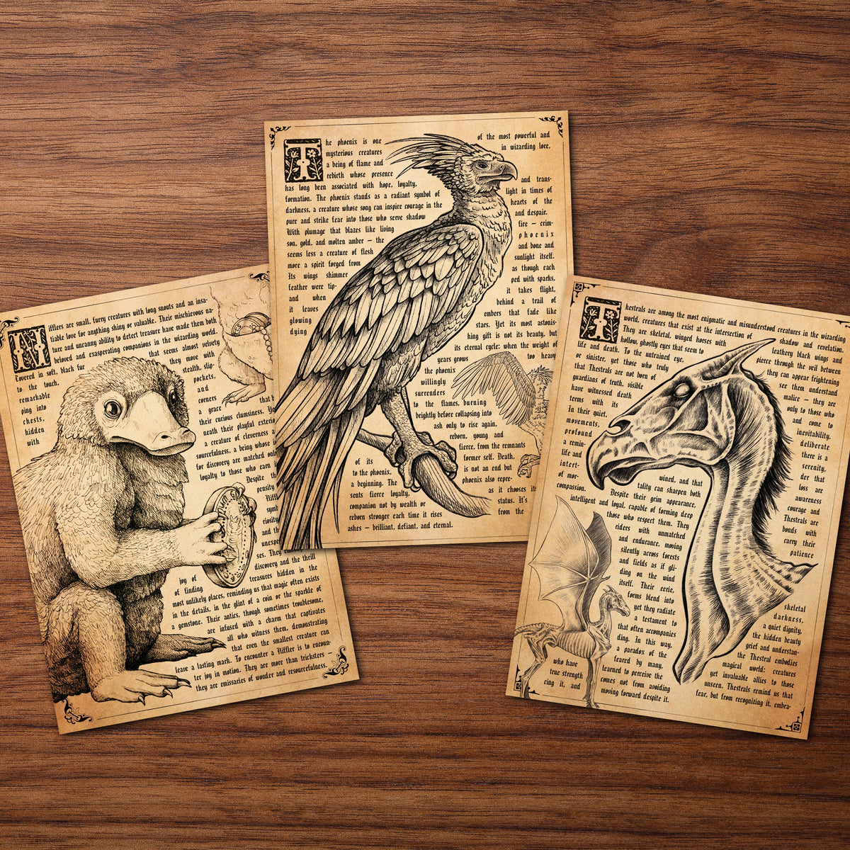 Carte postale vintage illustrée d'un phénix en tons sépia, style ancienne encyclopédie magique