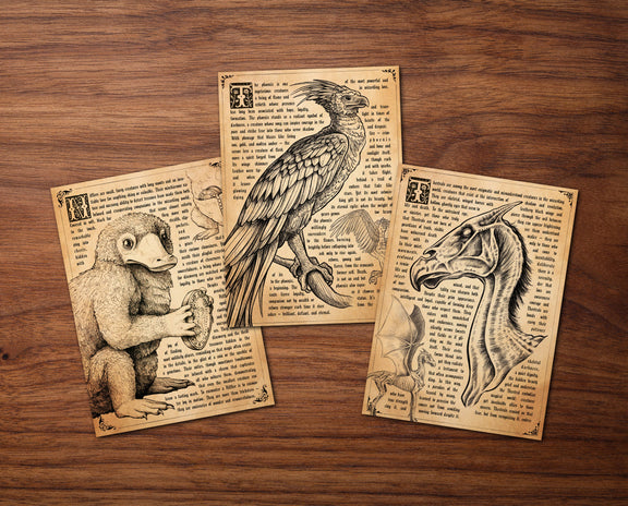 Carte postale vintage illustrée d'un phénix en tons sépia, style ancienne encyclopédie magique
