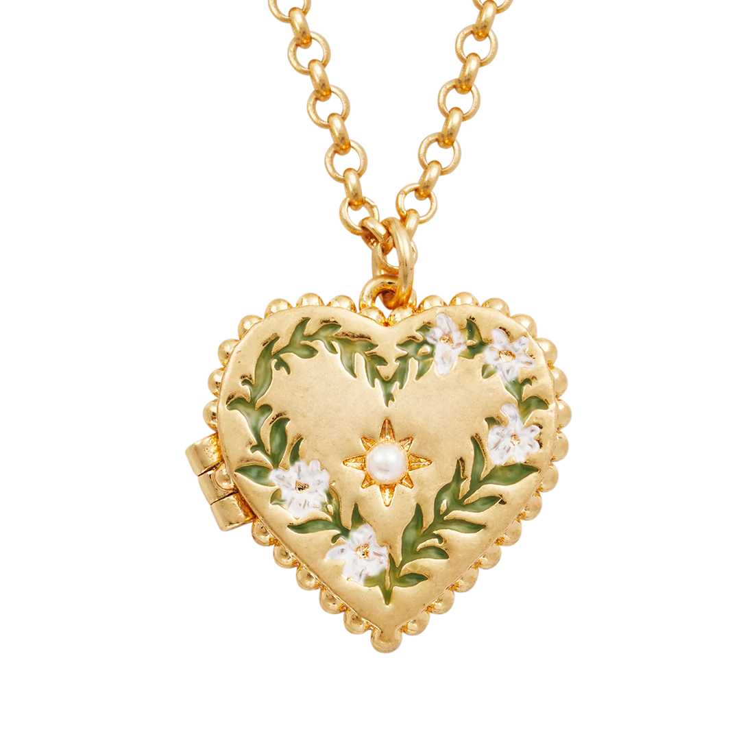 Collier médaillon cœur Fable England en laiton plaqué or, couronne de jasmin peinte à la main et perle