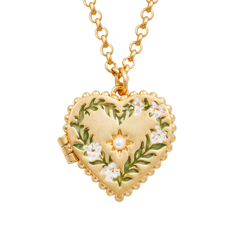 Collier médaillon cœur Fable England en laiton plaqué or, couronne de jasmin peinte à la main et perle
