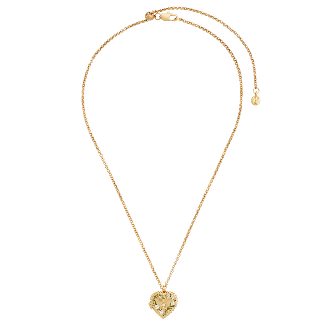 Collier médaillon cœur Fable England en laiton plaqué or, couronne de jasmin peinte à la main et perle