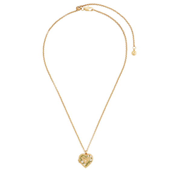 Collier médaillon cœur Fable England en laiton plaqué or, couronne de jasmin peinte à la main et perle