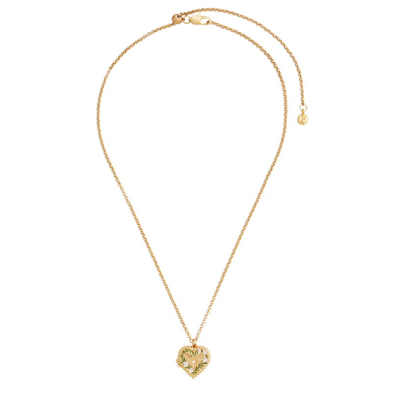 Collier médaillon cœur Fable England en laiton plaqué or, couronne de jasmin peinte à la main et perle