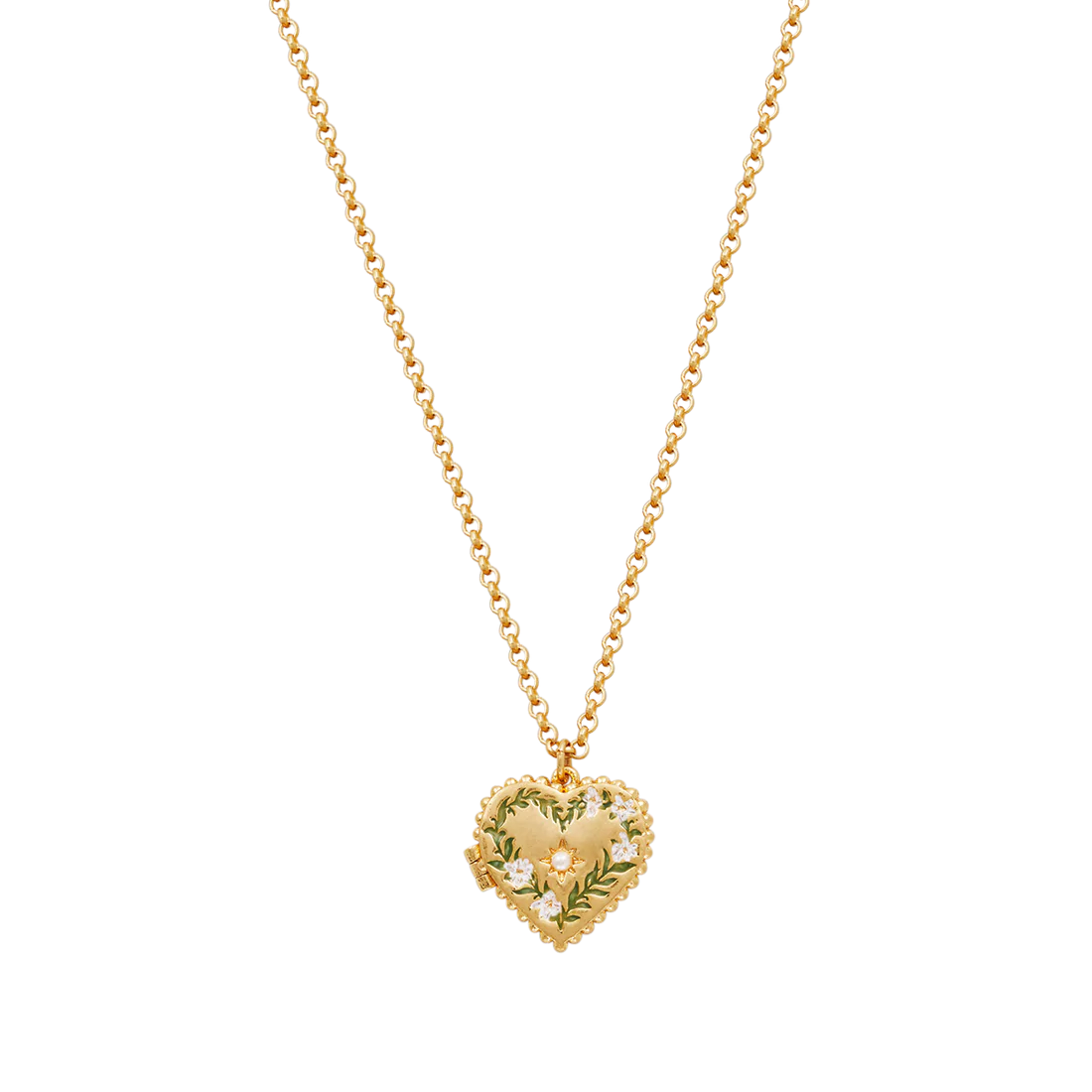 Collier médaillon cœur Fable England en laiton plaqué or, couronne de jasmin peinte à la main et perle
