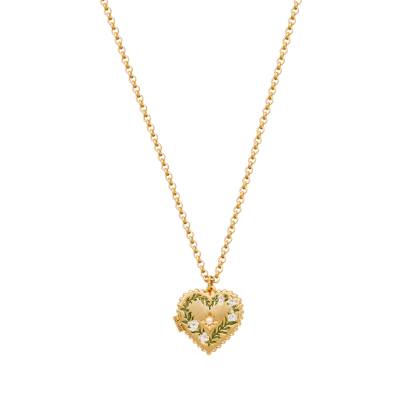 Collier médaillon cœur Fable England en laiton plaqué or, couronne de jasmin peinte à la main et perle