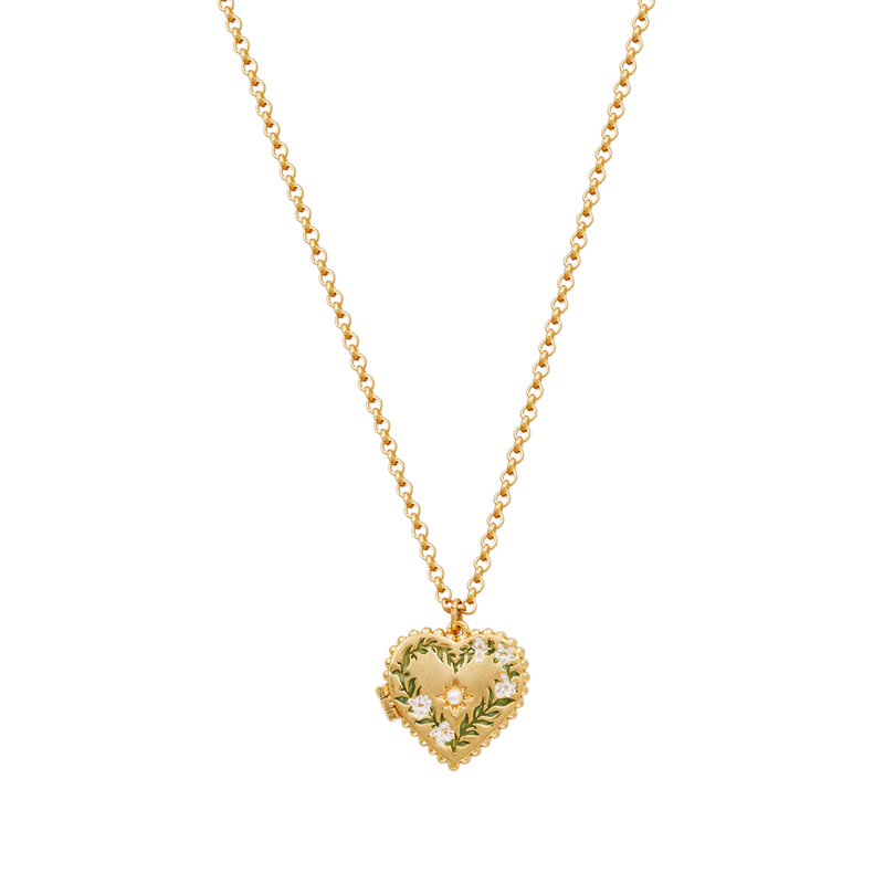 Collier médaillon cœur Fable England en laiton plaqué or, couronne de jasmin peinte à la main et perle