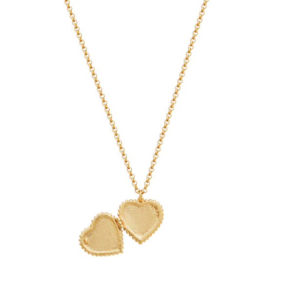 Collier médaillon cœur Fable England en laiton plaqué or, couronne de jasmin peinte à la main et perle