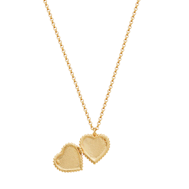 Collier médaillon cœur Fable England en laiton plaqué or, couronne de jasmin peinte à la main et perle