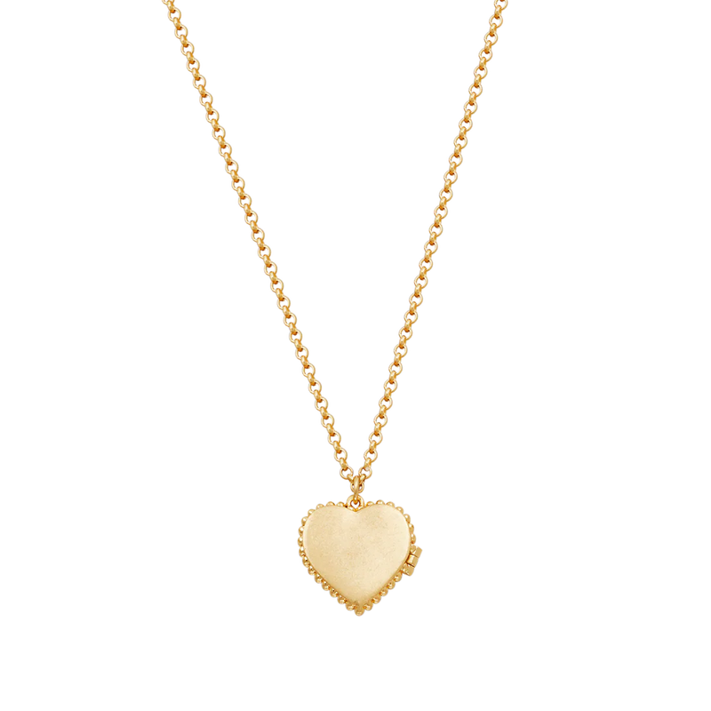 Collier médaillon cœur Fable England en laiton plaqué or, couronne de jasmin peinte à la main et perle