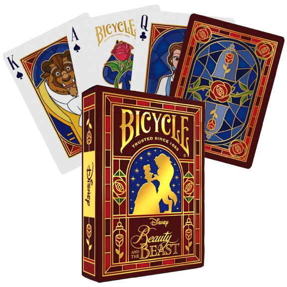 Jeu de cartes Bicycle Disney La Belle et la Bête, étui bordeaux et or, rose enchantée