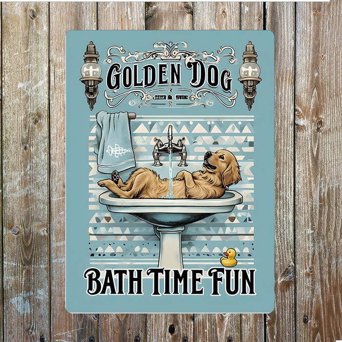 Plaque murale vintage en aluminium imprimé pour salle de bain illustrée d'un chien Golden Retriever