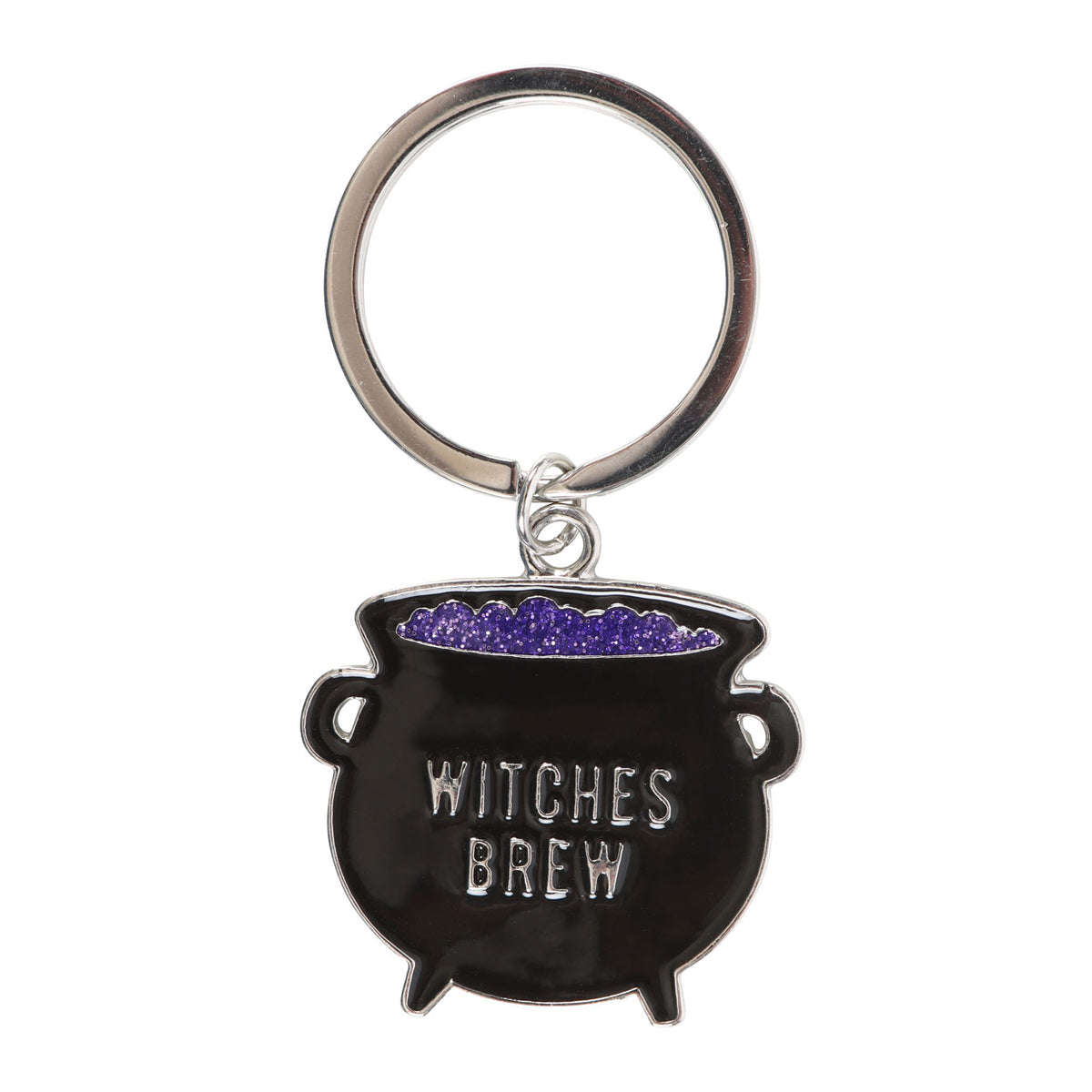 Porte-clés chaudron Witches Brew en métal émaillé noir avec potion violette pailletée