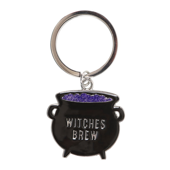 Porte-clés chaudron Witches Brew en métal émaillé noir avec potion violette pailletée
