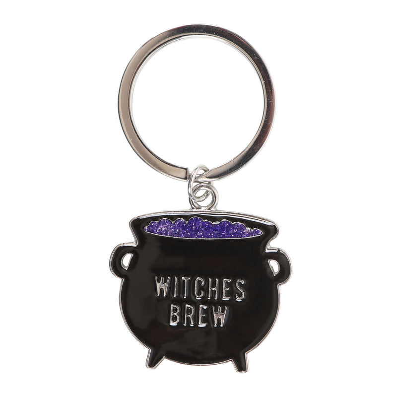 Porte-clés chaudron Witches Brew en métal émaillé noir avec potion violette pailletée