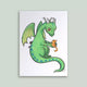 Carte postale Loeff Création, dragon entouré de trois chatons, illustration à l'encre et couleur