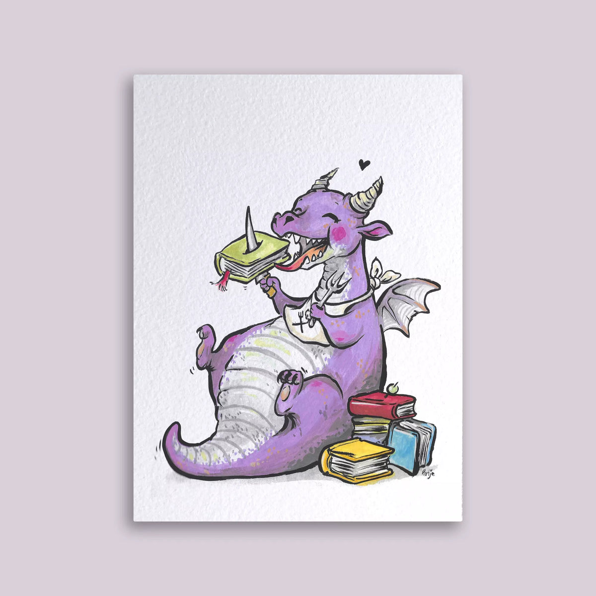Carte postale Loeff Création, dragon violet gourmand dévorant des livres