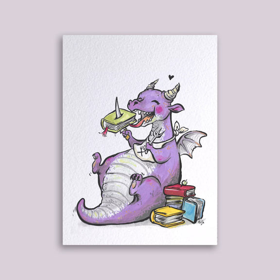 Carte postale Loeff Création, dragon violet gourmand dévorant des livres