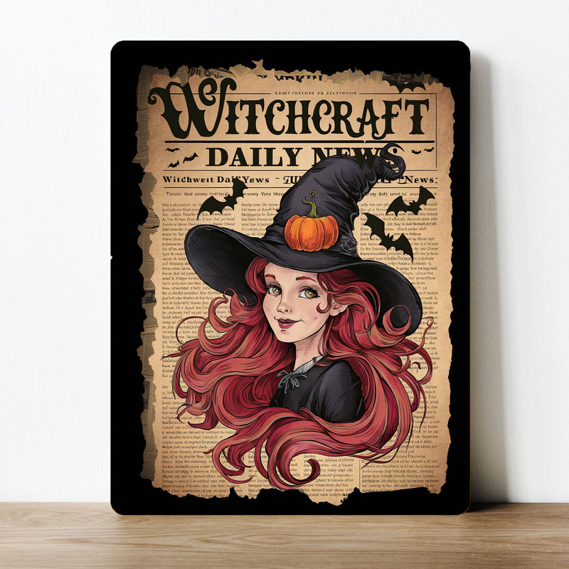Plaque murale vintage en aluminium imprimé Witch Craft Daily News avec sorcière, déco Halloween rétro