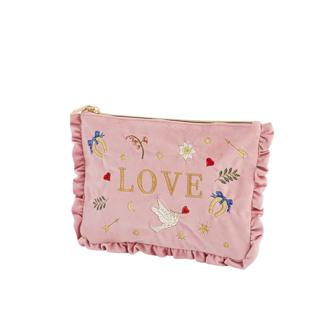 Trousse Pink Love Fable England en velours rose poudré brodé de colombes, cœurs et étoiles dorées