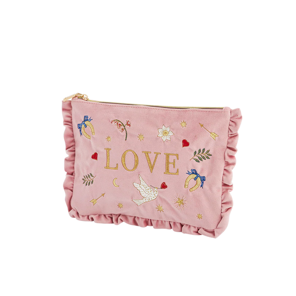 Trousse Pink Love Fable England en velours rose poudré brodé de colombes, cœurs et étoiles dorées