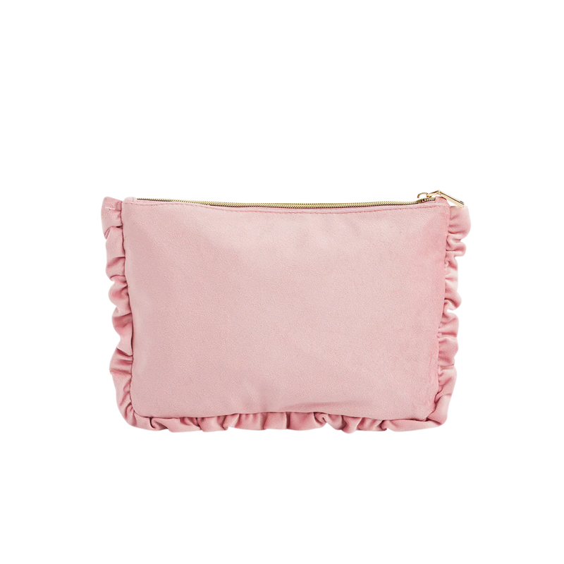 Trousse Pink Love Fable England en velours rose poudré brodé de colombes, cœurs et étoiles dorées