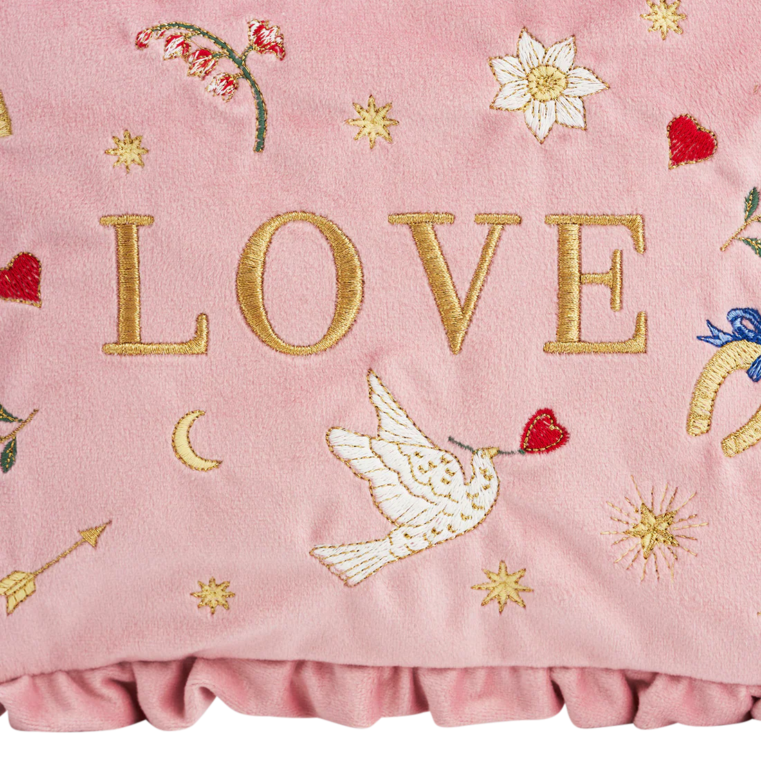 Trousse Pink Love Fable England en velours rose poudré brodé de colombes, cœurs et étoiles dorées