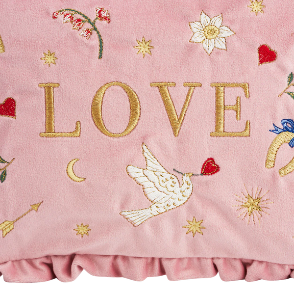 Trousse Pink Love Fable England en velours rose poudré brodé de colombes, cœurs et étoiles dorées