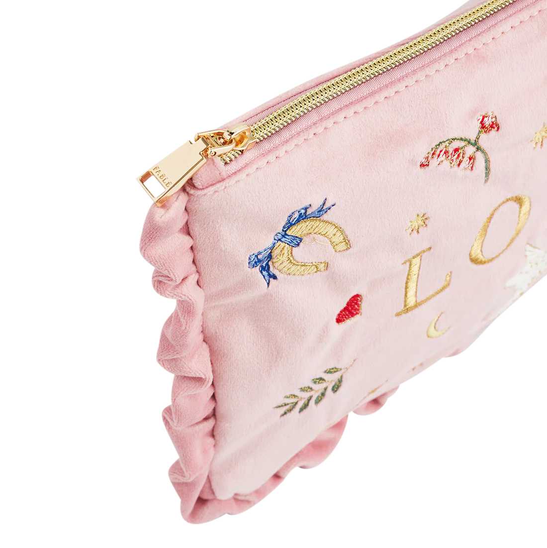 Trousse Pink Love Fable England en velours rose poudré brodé de colombes, cœurs et étoiles dorées