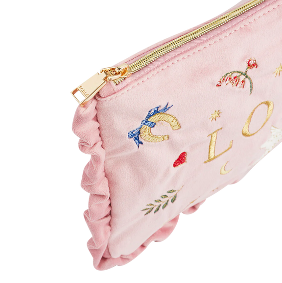 Trousse Pink Love Fable England en velours rose poudré brodé de colombes, cœurs et étoiles dorées