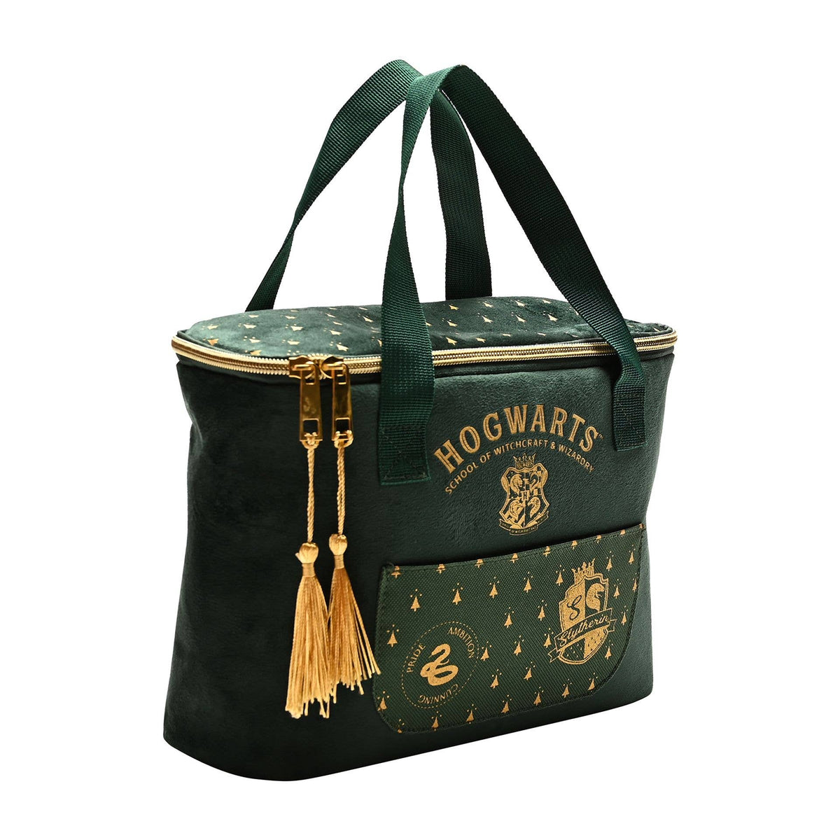Sac à lunch isotherme Harry Potter Serpentard en velours vert foncé avec blason serpent doré