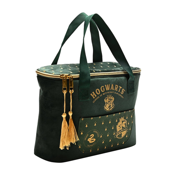 Sac à lunch isotherme Harry Potter Serpentard en velours vert foncé avec blason serpent doré