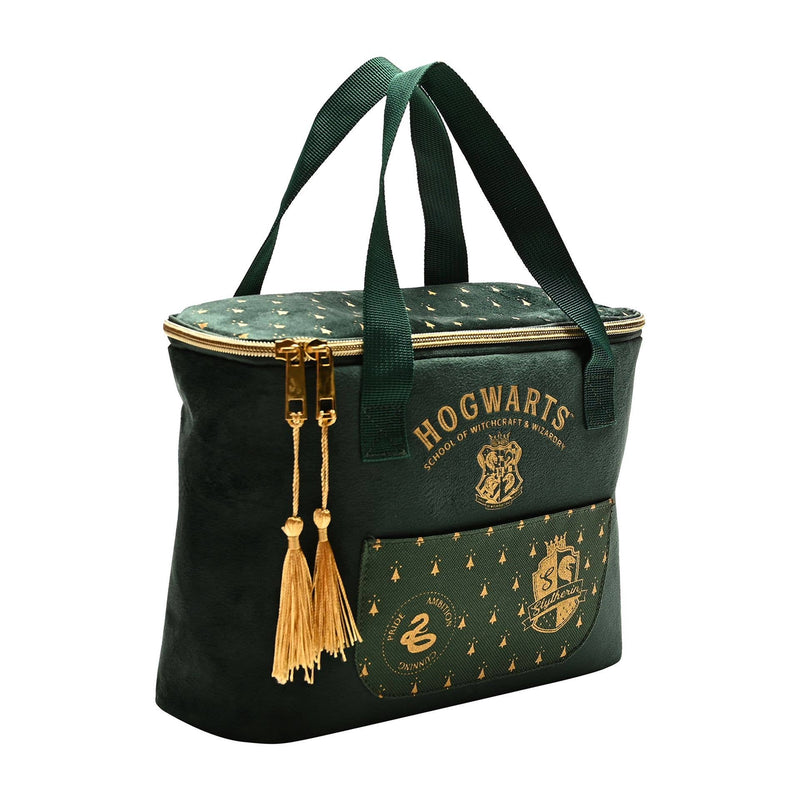 Sac à lunch isotherme Harry Potter Serpentard en velours vert foncé avec blason serpent doré