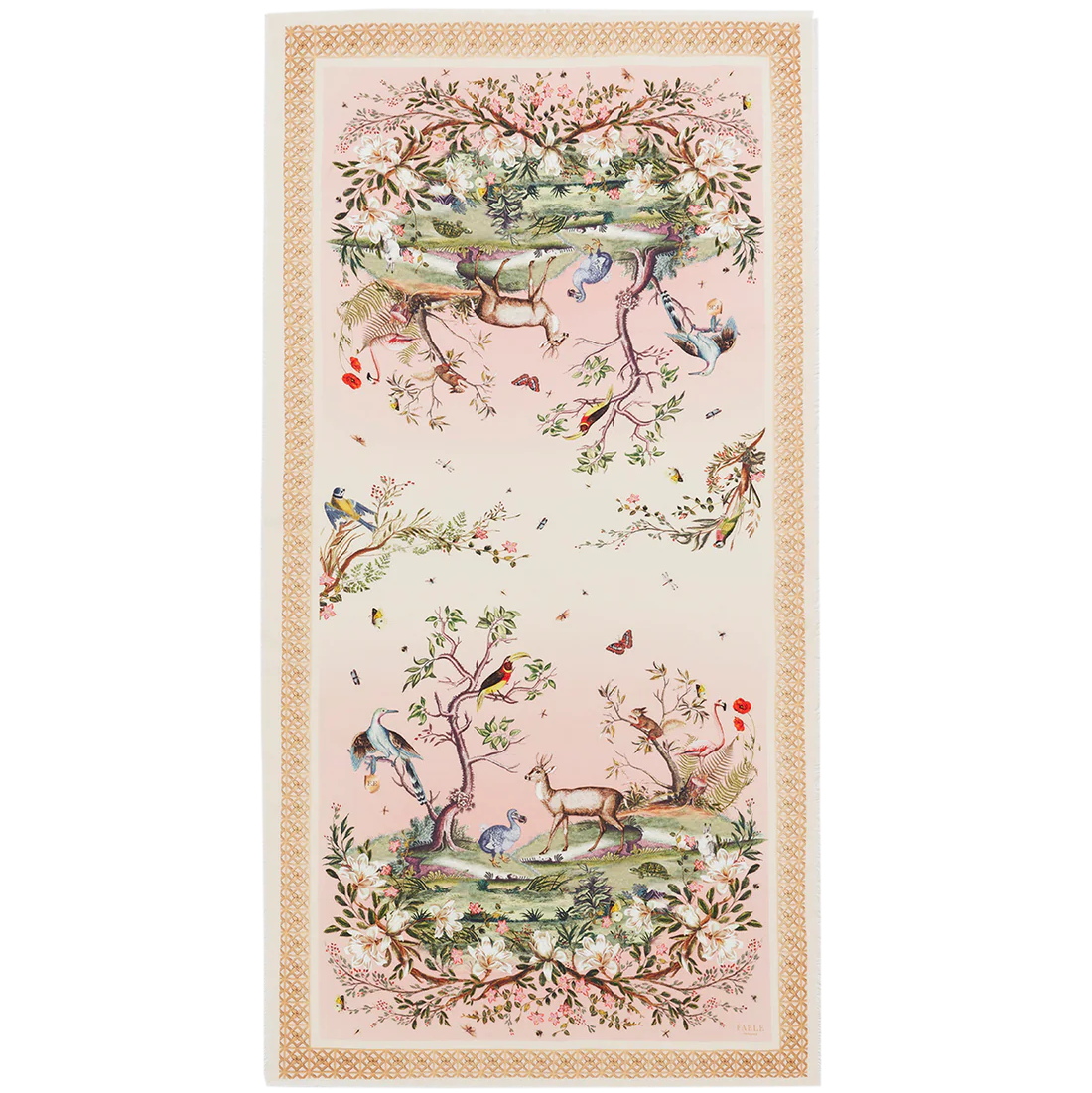Écharpe rose Fable England Woodland Scene, paysage forestier avec animaux, oiseaux et feuillages