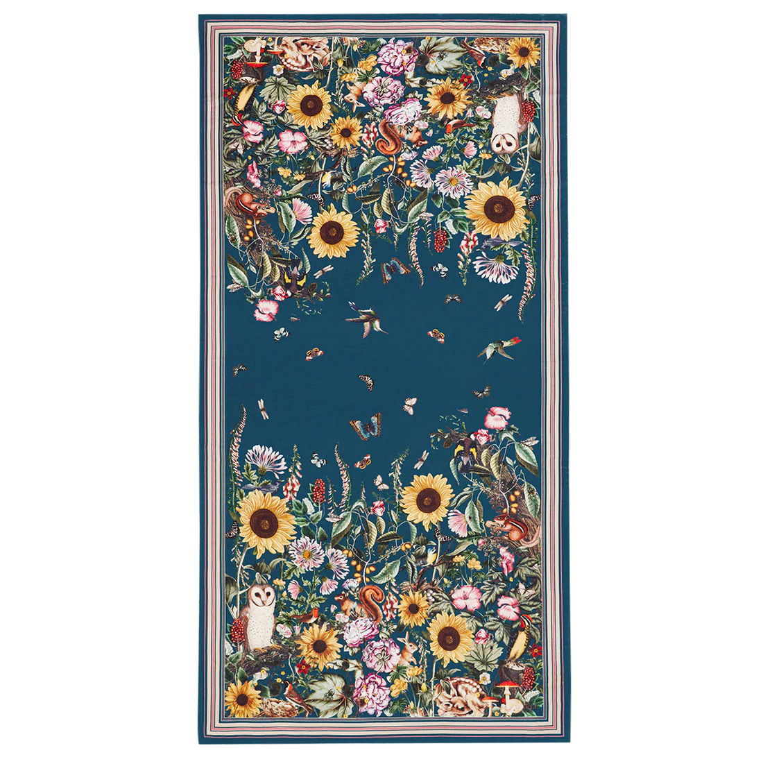 Écharpe longue botanique verte Fable England, jardin de tournesols, fleurs sauvages et animaux