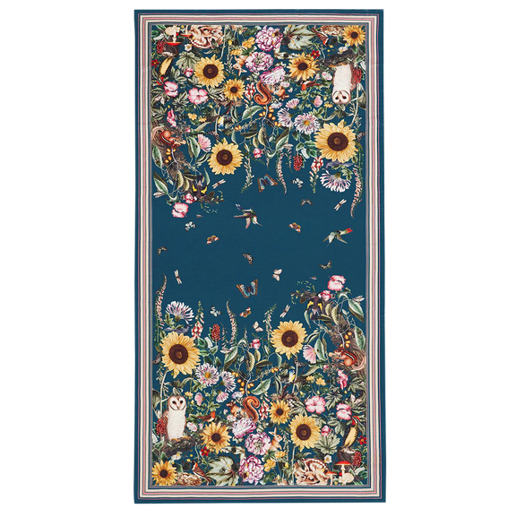 Écharpe longue botanique verte Fable England, jardin de tournesols, fleurs sauvages et animaux