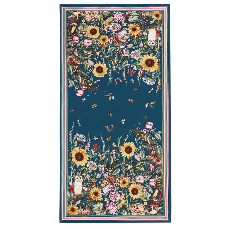 Écharpe longue botanique verte Fable England, jardin de tournesols, fleurs sauvages et animaux