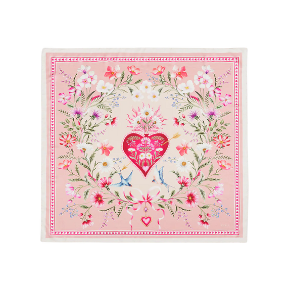 Foulard carré rose Fable England Penelope Pink avec cœur fleuri, couronne végétale et hirondelles