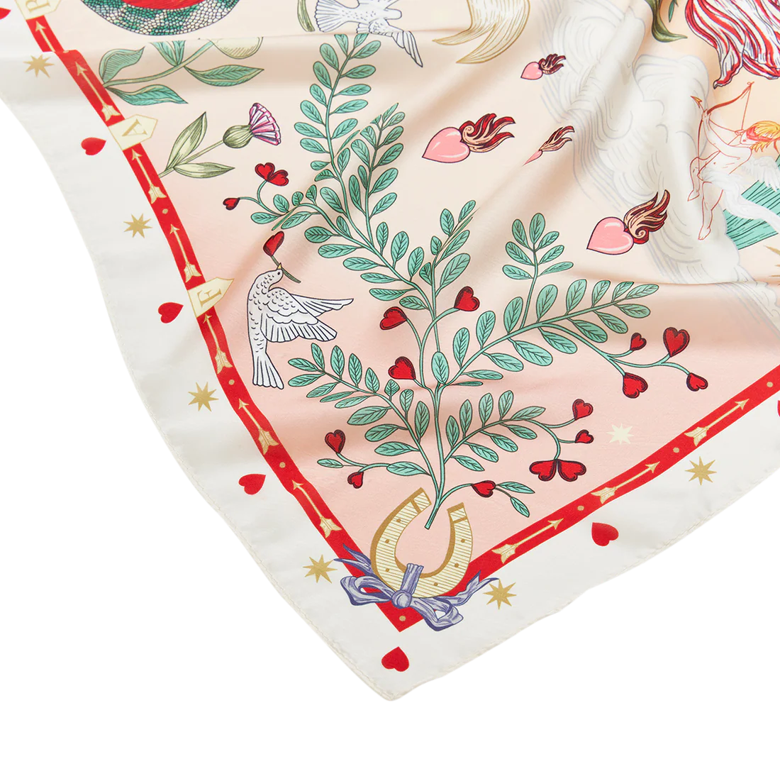 Foulard carré rose Fable England Freya Narrative avec cœur flamboyant, fleurs, oiseaux et astres