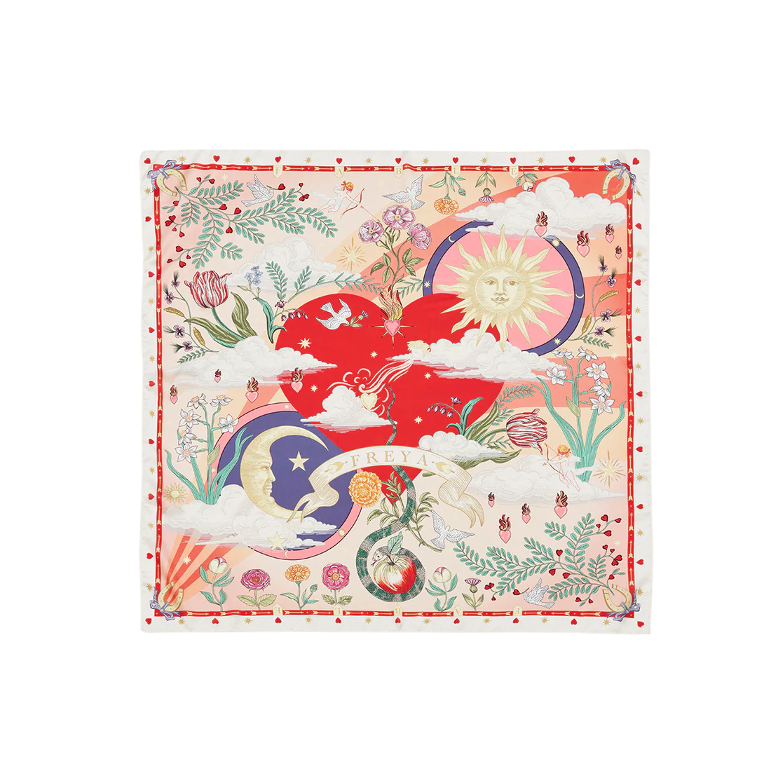 Foulard carré rose Fable England Freya Narrative avec cœur flamboyant, fleurs, oiseaux et astres